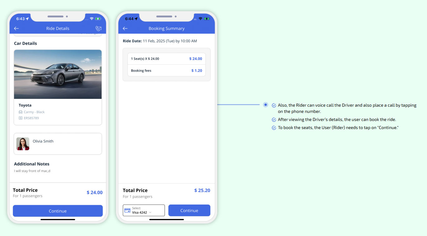 To book the seats, the User (Rider) needs to tap on Continue.