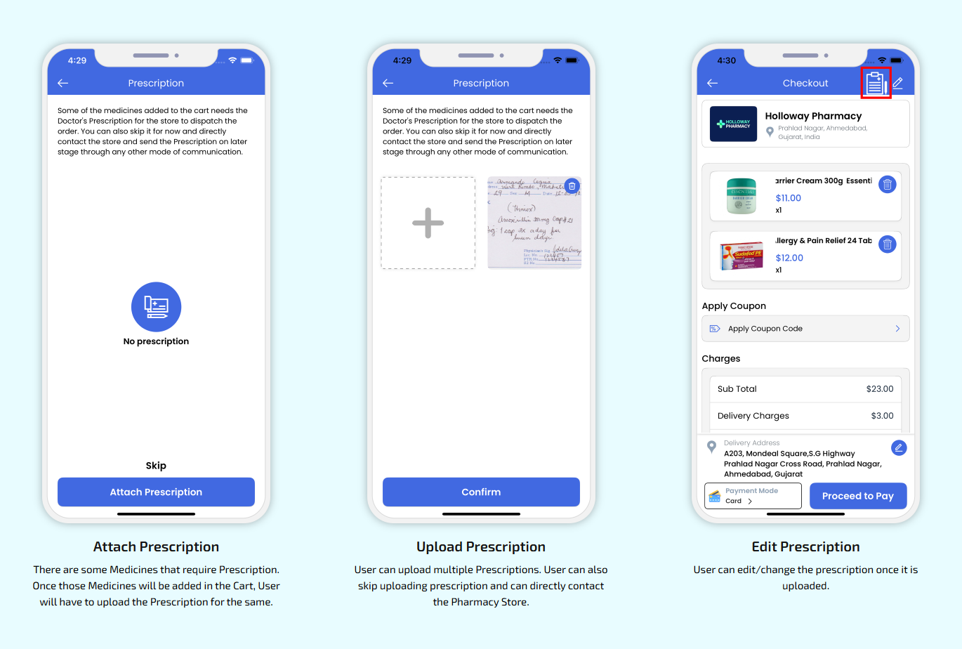 Attach,upload and edit Prescription